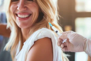 Woman receiving treatment via muscle injection for energy support at Vitality Medical Group